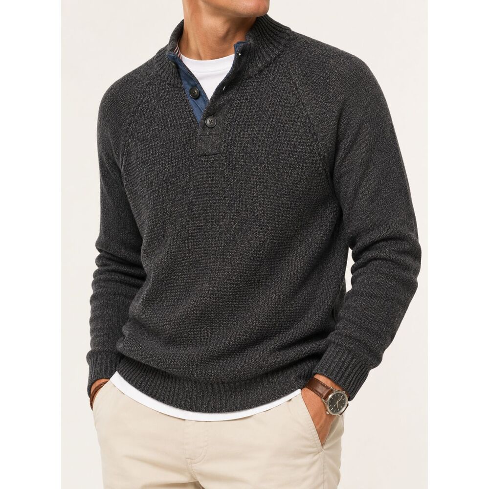 Weatherproof Vintage Men's Cotton Shawl Collar Henley Knit Sweater Gray Large